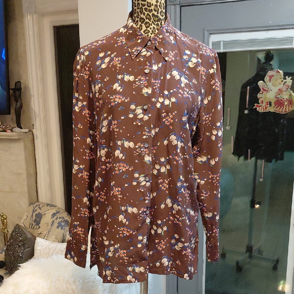 100%silk Floral Button-Up Shirt